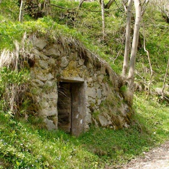 Cave de jardin en pierre sèche adossée au talus, sous son toit de terre