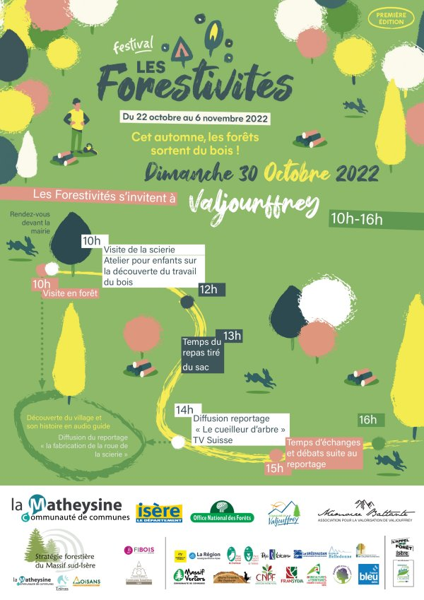 Affiche des Forestivités, première édition, du 22 octobre au 6 novembre 2022 : en Valjouffrey le dimanche 30 octobre, visite en forêt et visite de la scierie à 10 h, repas tiré du sac, reportage « Le cueilleur d'arbre » à 14 h et débat à 15 h