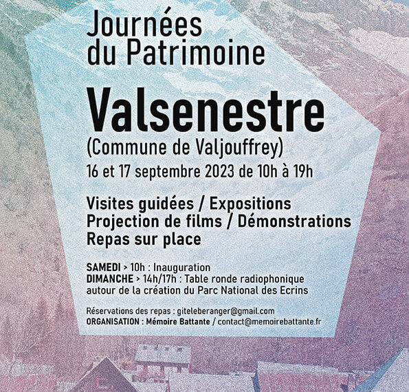 Affiche des 16 et 17 septembre 2023 à Valsenestre : visites guidées, expositions, projection de films, démonstrations et repas sur place ; inauguration le samedi à 10 h, table ronde radiophonique le dimanche sur la création du parc national des Écrins