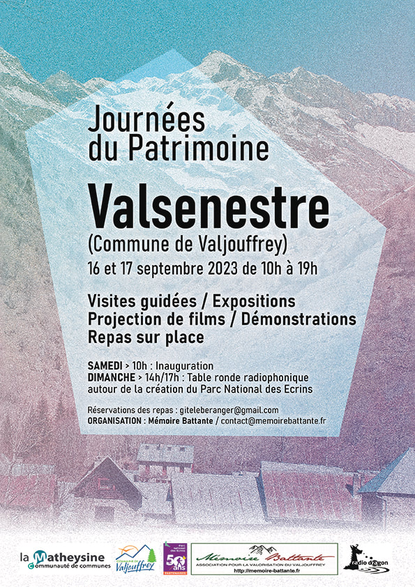 Affiche des 16 et 17 septembre 2023 à Valsenestre : visites guidées, expositions, projection de films, démonstrations et repas sur place ; inauguration le samedi à 10 h, table ronde radiophonique le dimanche sur la création du parc national des Écrins