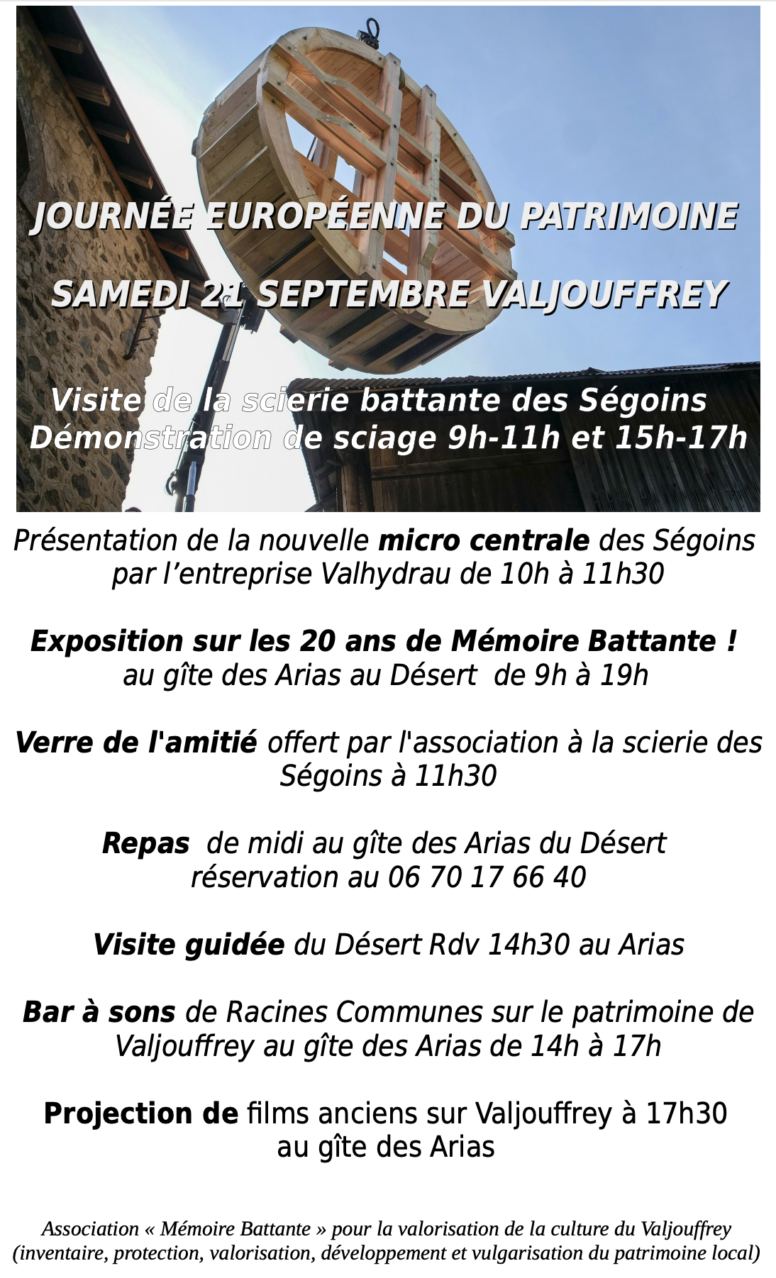 Affiche du samedi 21 septembre 2024 : visite de la scierie battante et démonstrations de sciage, présentation de la micro-centrale, exposition des 20 ans de l'association, repas, visite guidée du Désert et projection de films anciens au gîte des Arias