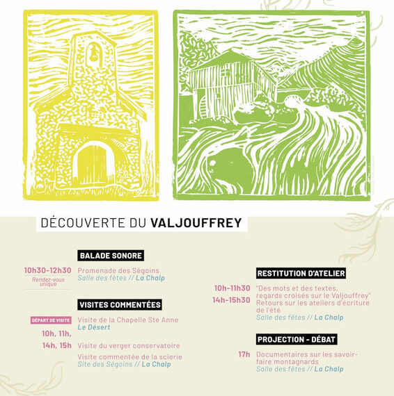 Affiche du samedi 20 septembre 2025, « Découverte du Valjouffrey » : balade sonore de 10 h 30 à 12 h 30, visites commentées de la chapelle Sainte-Anne, du verger conservatoire et de la scierie, restitution des ateliers d'écriture, projection-débat à 17 h