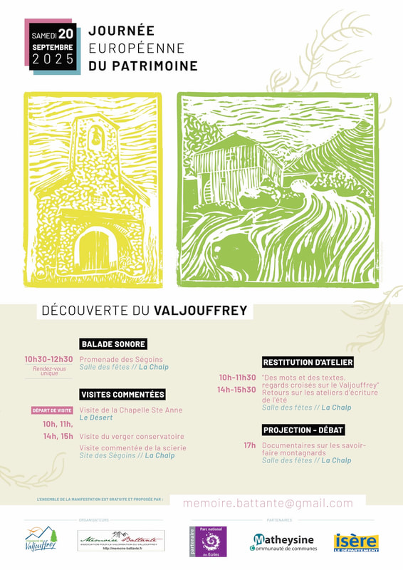 Affiche du samedi 20 septembre 2025, « Découverte du Valjouffrey » : balade sonore de 10 h 30 à 12 h 30, visites commentées de la chapelle Sainte-Anne, du verger conservatoire et de la scierie, restitution des ateliers d'écriture, projection-débat à 17 h