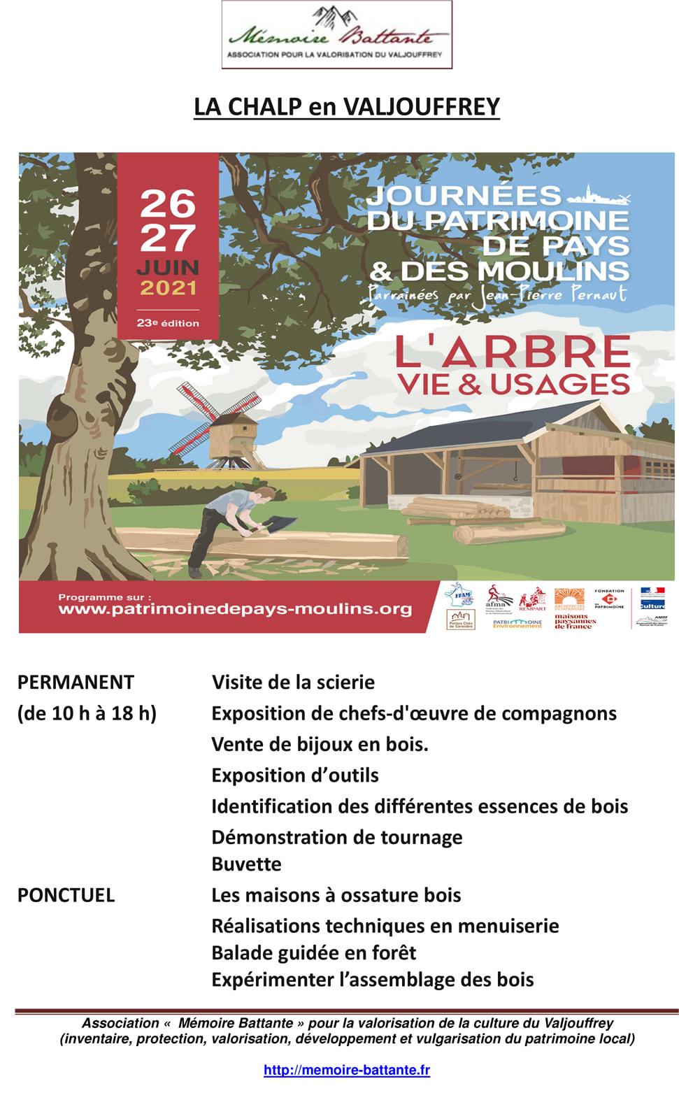 Affiche des 26 et 27 juin 2021 sur le thème « L'arbre, vie et usages » : visite de la scierie, exposition de chefs-d'œuvre de compagnons et d'outils, démonstration de tournage, balade guidée en forêt