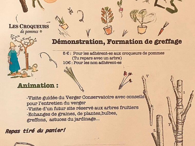 Affiche dessinée du troc de plantes du samedi 15 avril, place de la mairie à La Chalp : formation au greffage avec les Croqueurs de Pommes, visite du verger conservatoire, échanges de graines et de plants, repas tiré du panier
