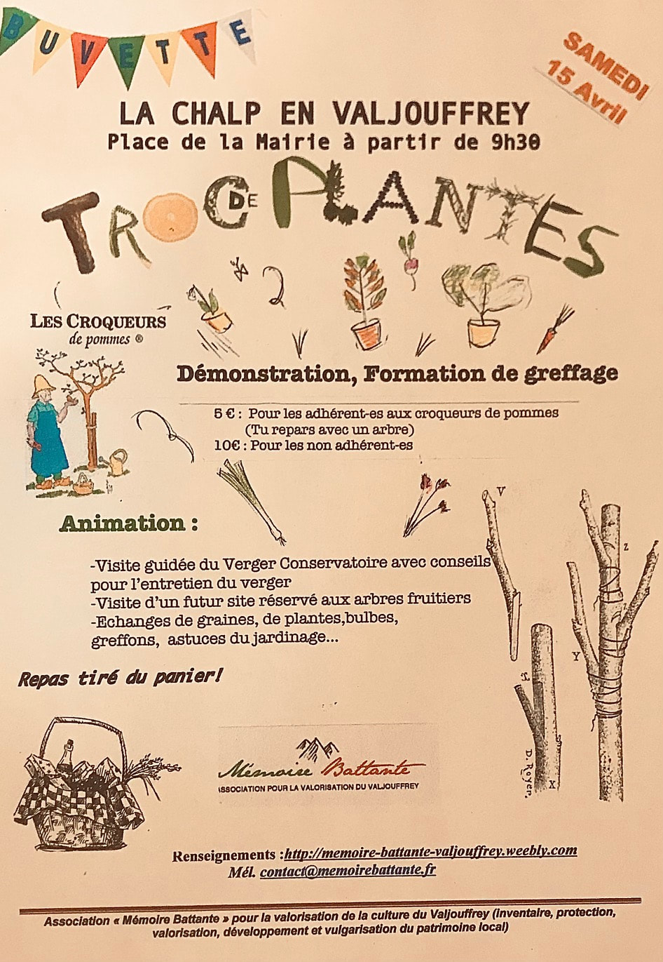 Affiche dessinée du troc de plantes du samedi 15 avril, place de la mairie à La Chalp : formation au greffage avec les Croqueurs de Pommes, visite du verger conservatoire, échanges de graines et de plants, repas tiré du panier