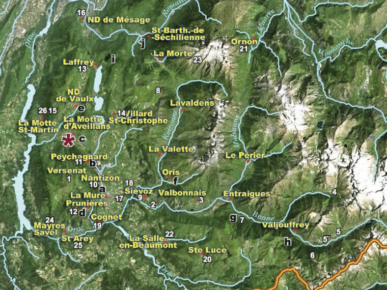 Carte des mines, repérées par des lettres, et des carrières, repérées par des chiffres, du Valbonnais et de la Matheysine