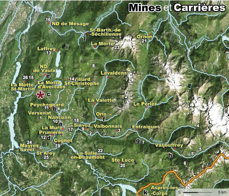 Carte des mines, repérées par des lettres, et des carrières, repérées par des chiffres, du Valbonnais et de la Matheysine
