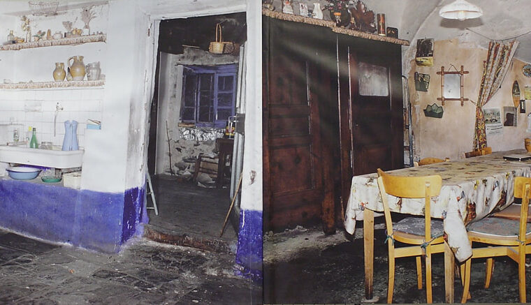 Cuisine ancienne, vaisselier et table dressée dans une maison de la vallée