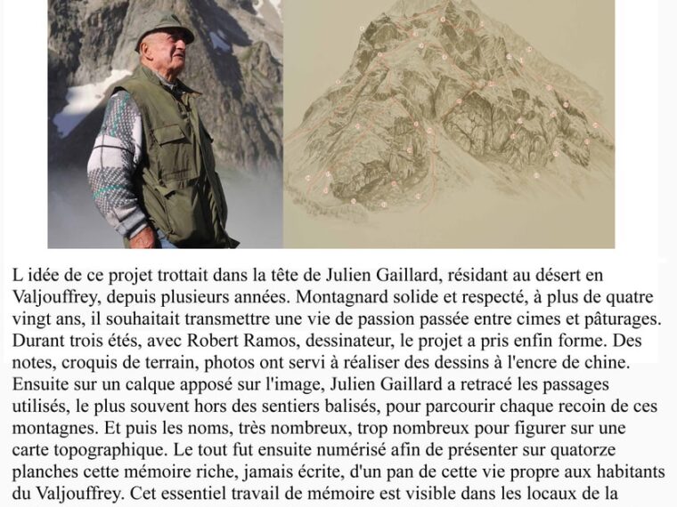Panneau de présentation du projet « Sur les pas de Julien » : portrait de Julien Gaillard, dessin d’un sommet à l’encre de Chine par Robert Ramos, et le récit de leur travail commun