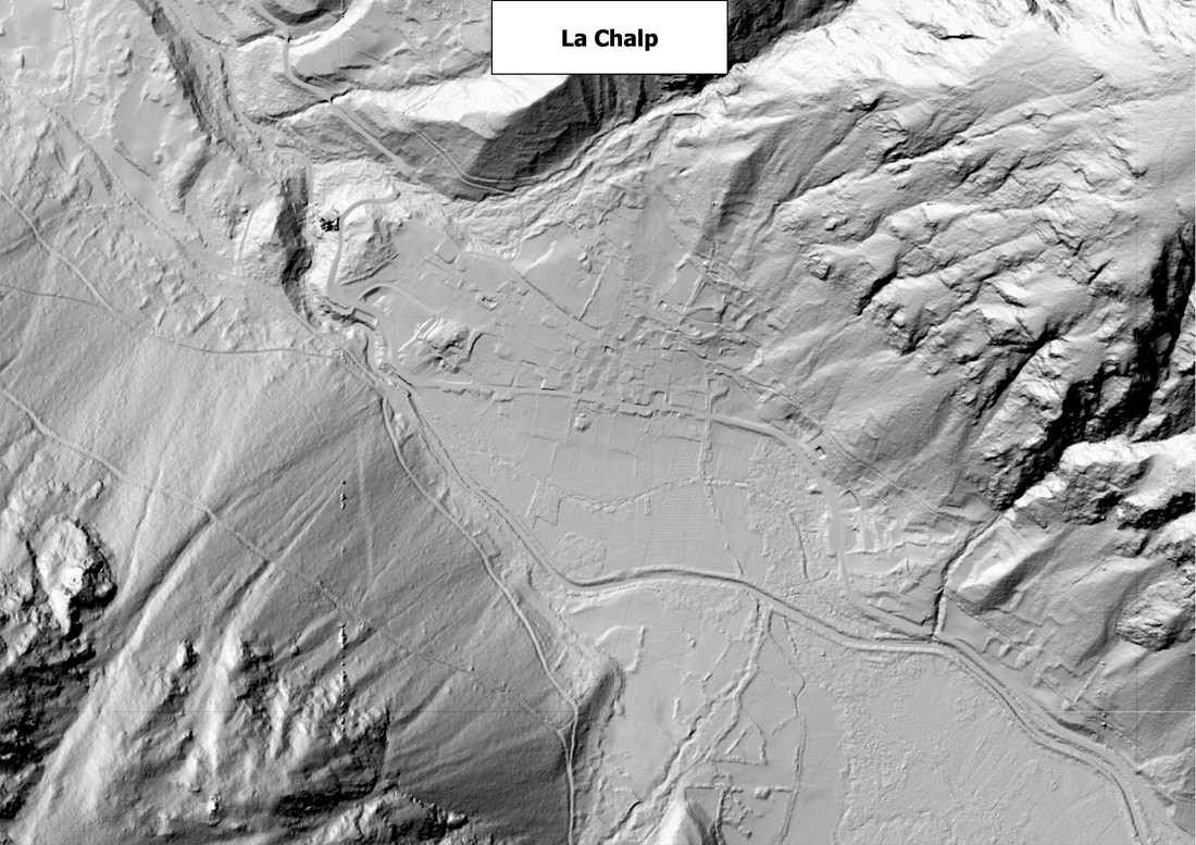 Relevé LIDAR du hameau de La Chalp : le relief en gris, sans végétation