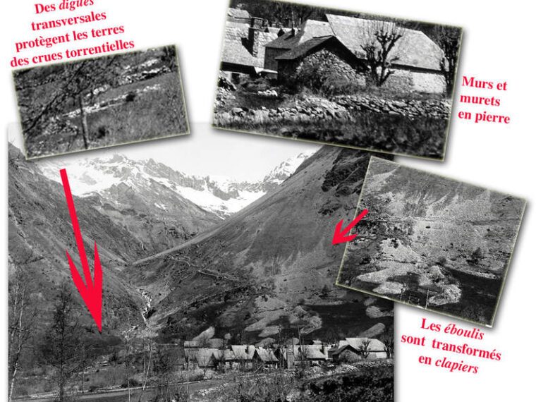 Montage de photographies annotées de Valsenestre : les digues transversales qui protègent les terres des crues torrentielles, les murs et murets en pierre, les éboulis transformés en clapiers